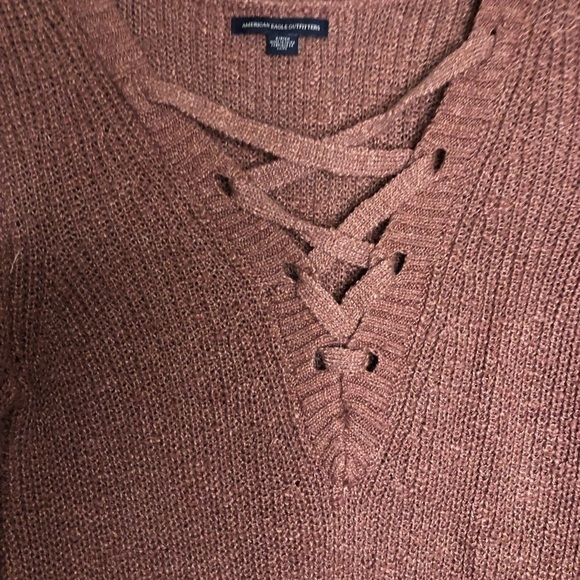 American Eagle Dusty Pink Lace Up Neckline Sweater - Picture 5 of 13